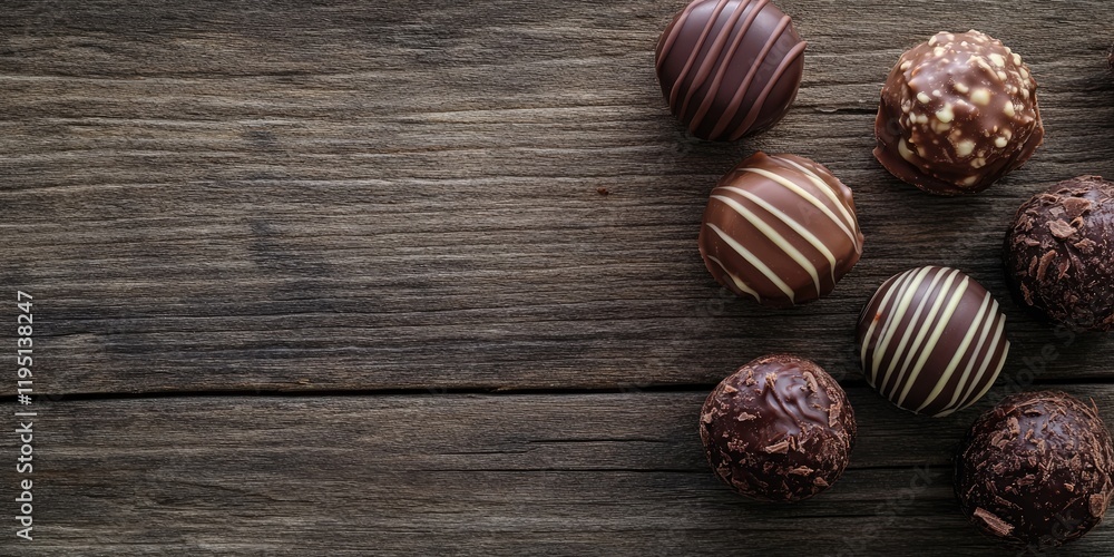 Poster homemade chocolate truffles arranged on a rustic wooden surface with warm brown tones and ample copy