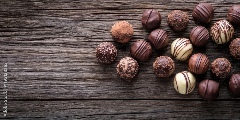 Poster homemade chocolate truffle candies in various designs arranged on a rustic wooden surface with ample