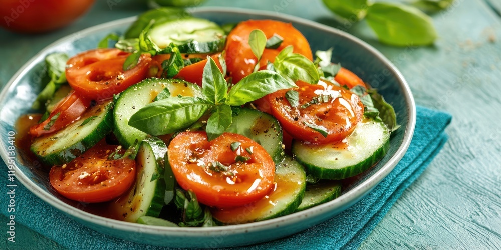 Poster vibrant homemade salad with cucumber and tomato garnished with basil on a teal napkin ample copy spa