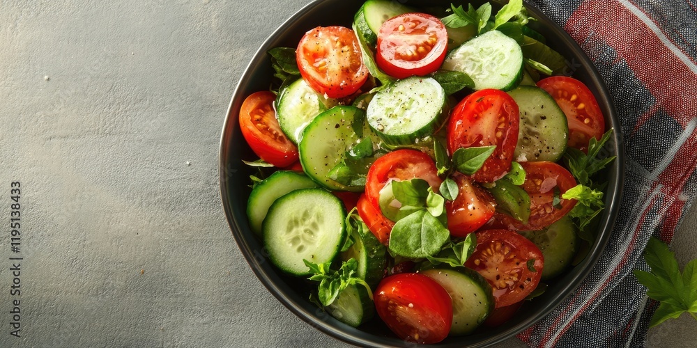 Poster fresh vibrant salad with red tomatoes and green cucumbers in a dark bowl on a gray background with a