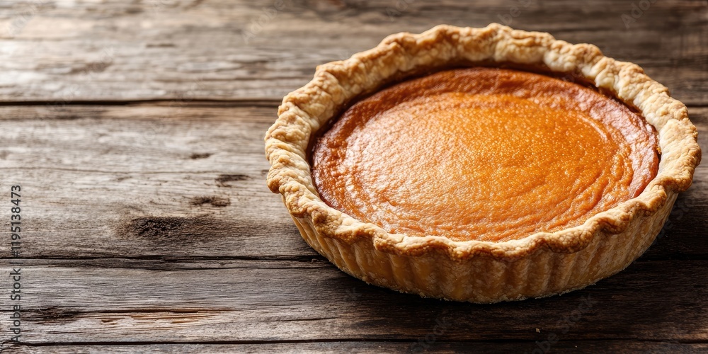 Poster homemade pumpkin pie in a rustic wooden setting with warm golden tones and textured surface ideal fo