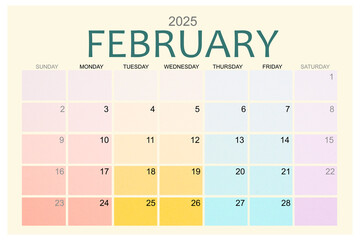 February 2025 Colorful calendar page isolated on white background.