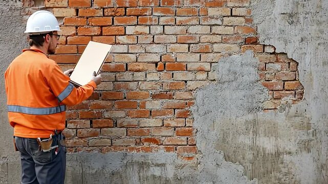 A civil engineer evaluates the structural integrity of a brick wall construction site, ensuring compliance with safety regulations