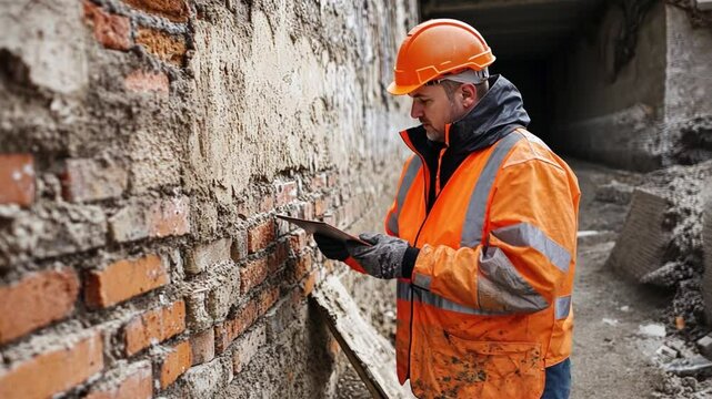 A civil engineer evaluates the structural integrity of a brick wall construction site, ensuring compliance with safety regulations