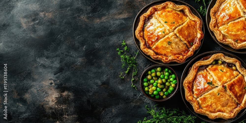 Poster homemade savory pies with golden crusts arranged in a triangular pattern on a dark textured backgrou