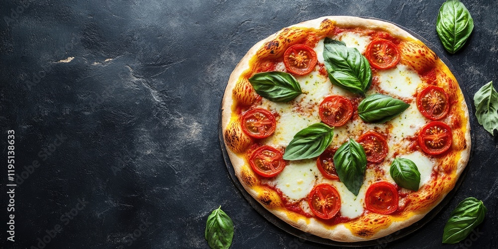 Poster homemade pizza with tomatoes mozzarella and fresh basil on a dark stone surface aerial view with emp