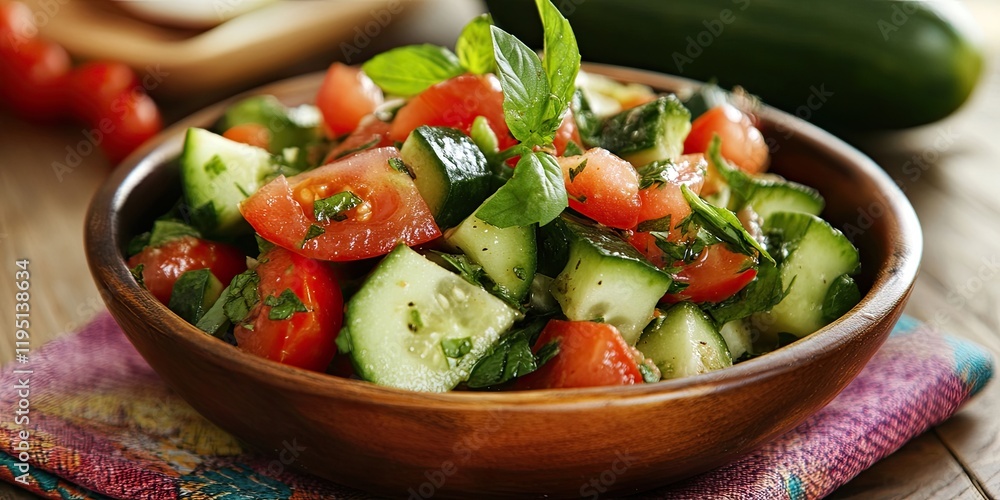 Poster fresh cucumber and tomato salad with mint on a wooden table vibrant napkin in background ample copy 