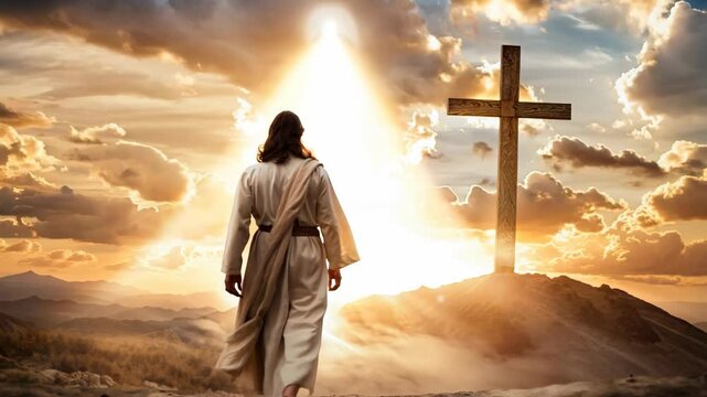 Jesus Christ dressed in a white robe walks towards a cross with sun rays effect