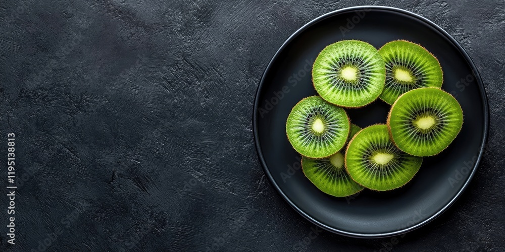 Poster fresh kiwi slices arranged neatly on a black plate against a textured dark background with ample spa