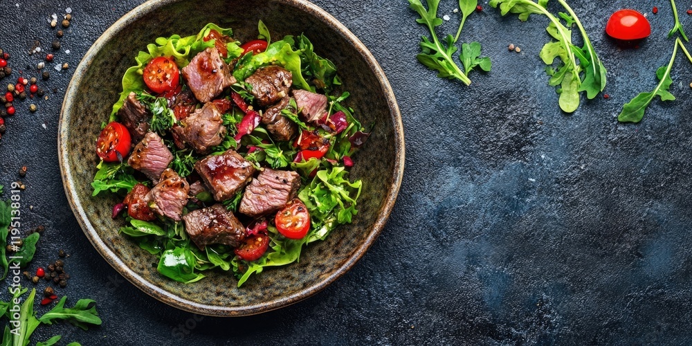 Poster appetizing liver salad in a rustic bowl filled with greens and cherry tomatoes on a dark textured ba