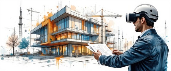 Young caucasian male architect using vr for construction visualization