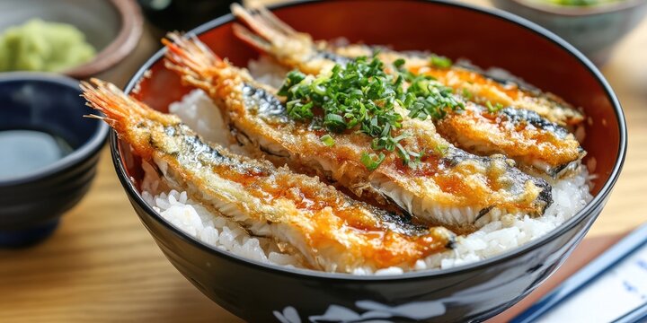 Japanese cuisine bowl with deep-fried pacific saury on white rice topped with green onions, served against a blurred wooden background.