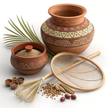 Clay pot, bowl, sieve, kula, channa,  palm hand fan, peddy  with white background