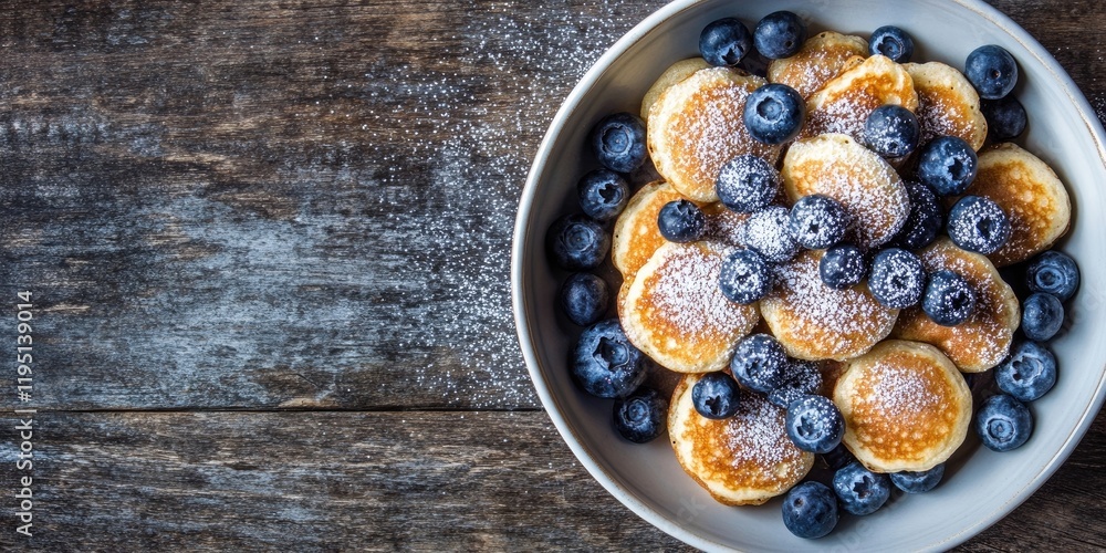 Aufkleber Delicious mini pancakes arranged in a bowl with blueberries and powdered sugar on a rustic wooden table overhead view with ample copy space