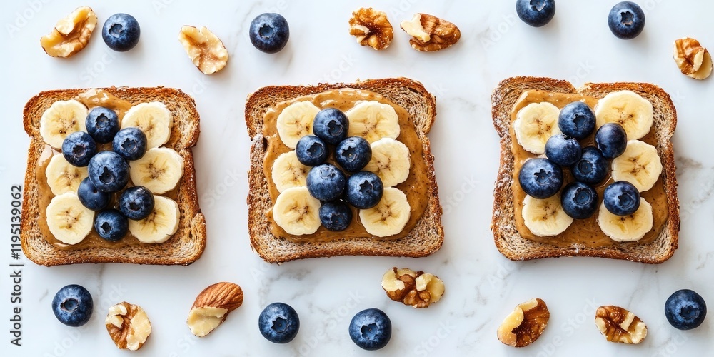 Poster nut butter toast topped with bananas and blueberries on white marble table with scattered nuts, over