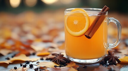 Warm autumn beverage in glass mug with orange and cinnamon.