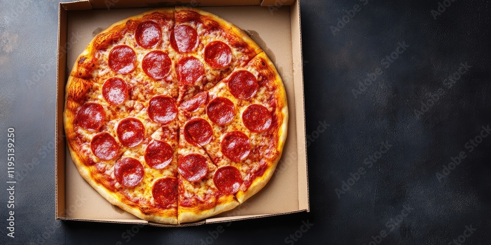Poster aerial view of a large pepperoni pizza in a box with golden crust and vibrant red salami slices on a