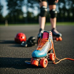 A pair of colorful retro-style roller skates on an outdoor track, capturing a nostalgic yet modern...