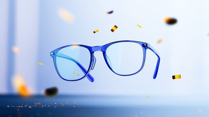 Stylish blue eyeglasses float amidst celebratory confetti, creating a vibrant and joyful image.
