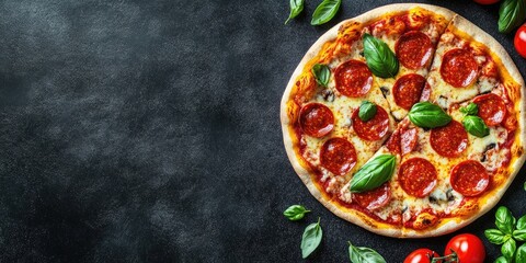 Pepperoni pizza topped with fresh basil and surrounded by ripe tomatoes on a dark textured surface ideal for a coffee break setting