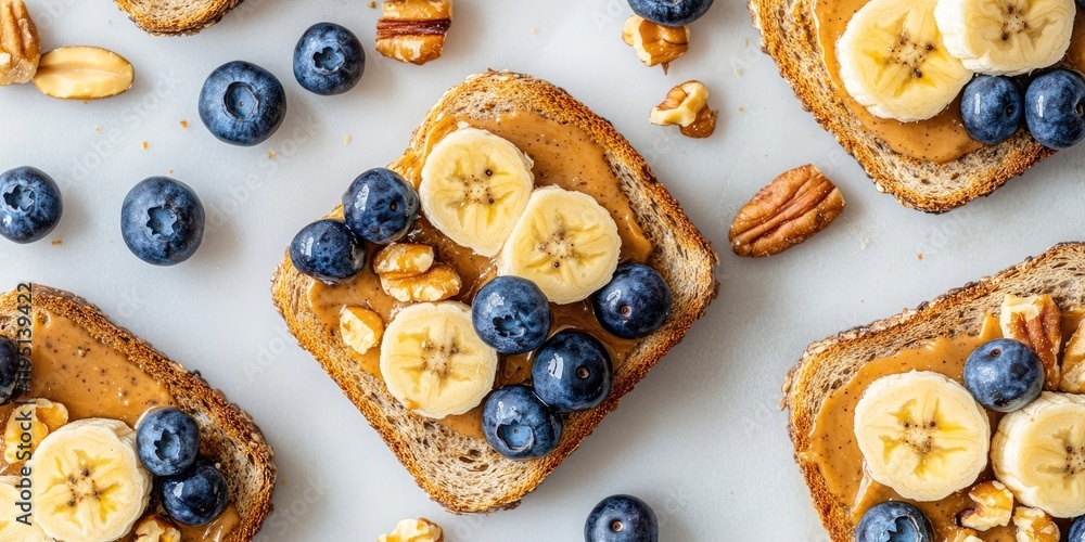Poster nut butter toast topped with sliced bananas and blueberries on a white marble table with pecans scat