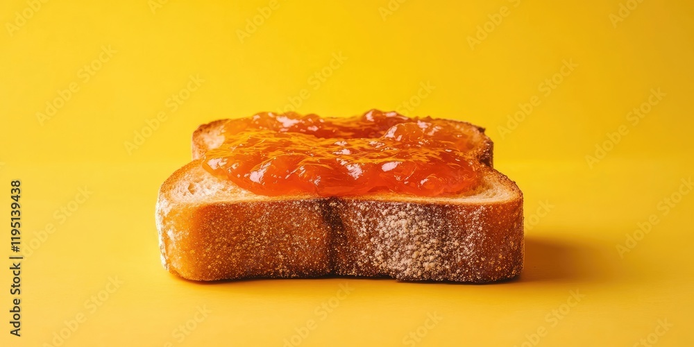 Poster toast with orange jam on a yellow background highlighting the warm tones, centralized composition wi