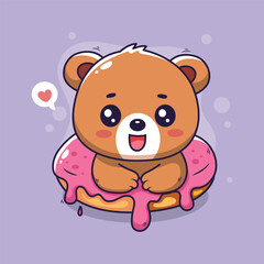 Cute  bear with donut on purple background. Vector illustration.