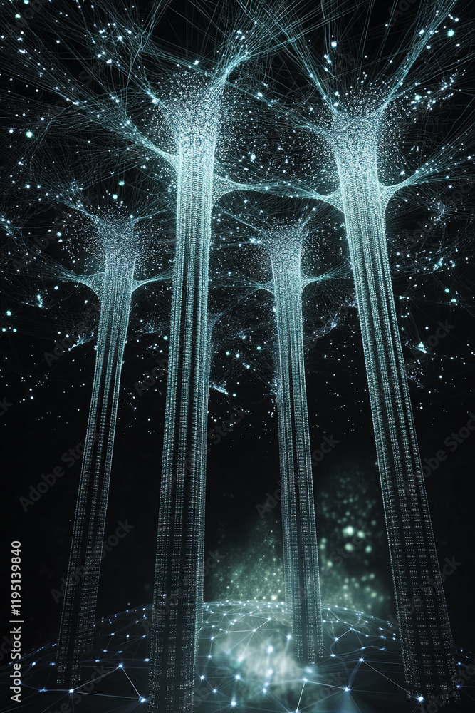 Poster Digital network structure with glowing neural tree connections