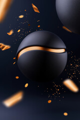 Fototapeta premium Dark elegance: Black spheres with gold accents, confetti falling.