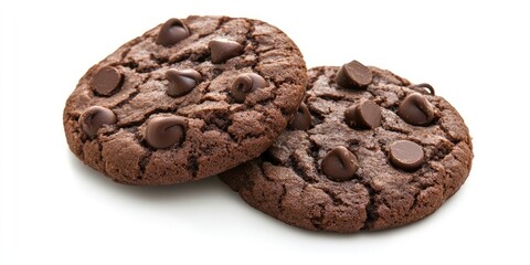 Obraz premium Double chocolate cookies with dark chocolate chips positioned diagonally on a clean white background ideal for dessert-related design projects