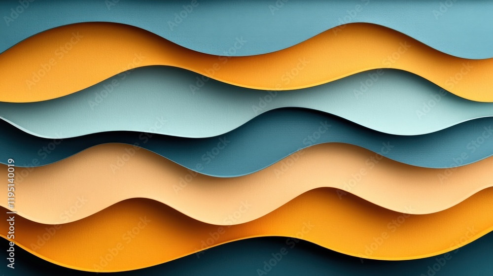 Poster dynamic waves of colorful paper: an abstract composition featuring gentle curves in orange, blue, an