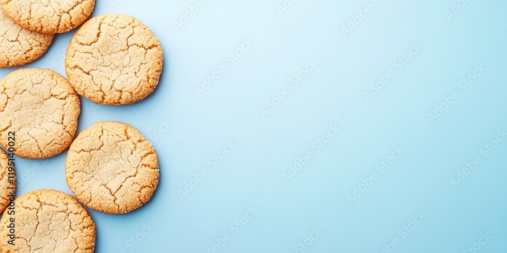 Poster delicious golden sugar cookies arranged on a light blue background with ample negative space for tex
