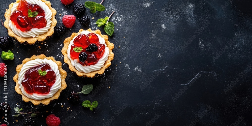 Poster tartlets with jelly and cream on black concrete background overhead view featuring berries and mint 