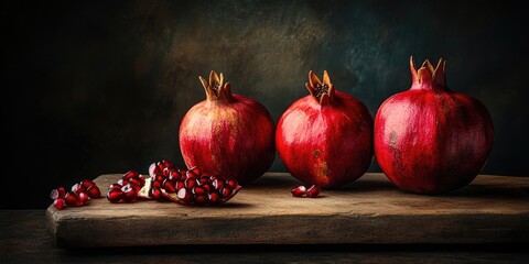 Ripe red pomegranates artfully arranged on a rustic wooden cutting board with scattered seeds against a dark textured background