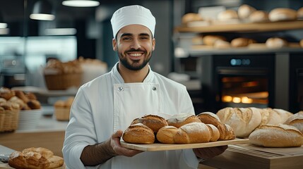 In the heart of a vibrant bakery, the skilled baker takes great pride in showcasing an array of freshly baked bread each morning