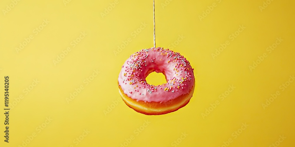 Poster pink frosted doughnut with colorful sprinkles hanging from string against a vibrant yellow backdrop 