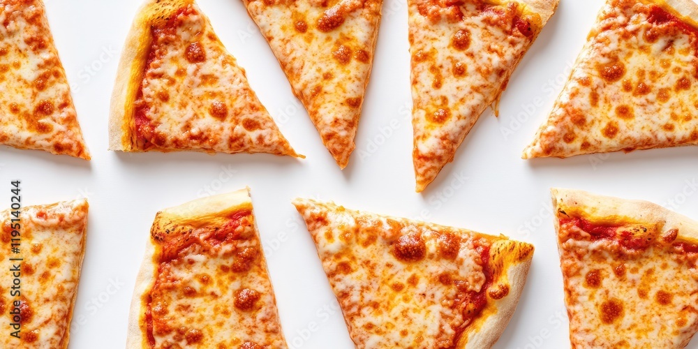 Poster delicious cheese pizza slices arranged symmetrically on a white background with golden crust and mel