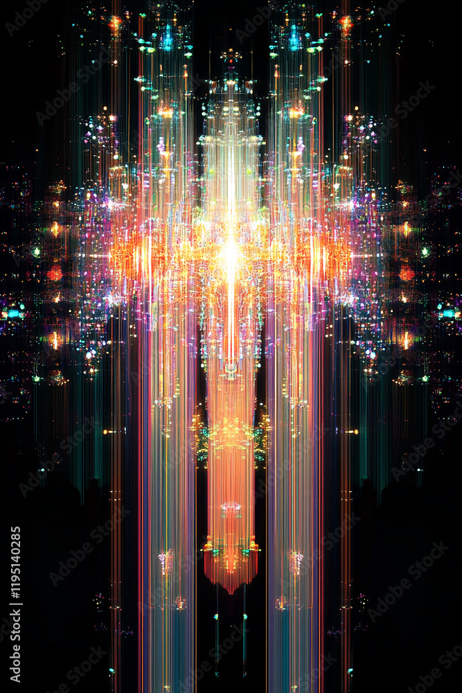 Poster vibrant digital light beams with symmetrical glowing patterns