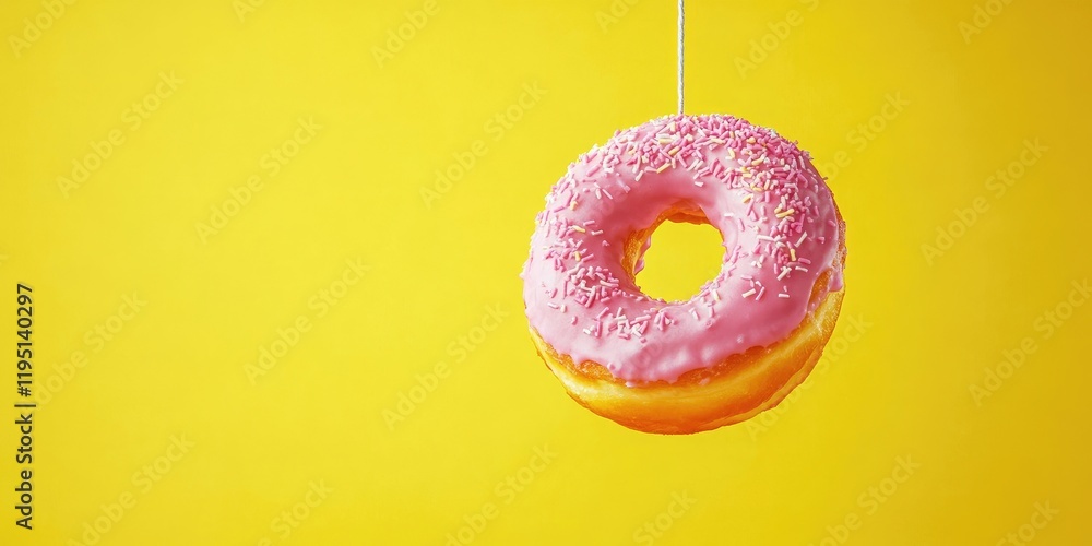 Poster pink frosted doughnut with sprinkles hanging from a string against a bright yellow backdrop ample co