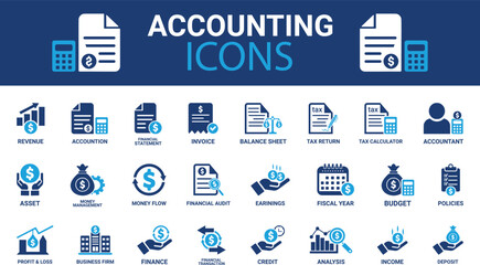 Accounting icon set. Containing financial statement, accountant, financial audit, invoice, tax calculator, business firm, tax return, income and balance sheet icons. Solid icon collection.