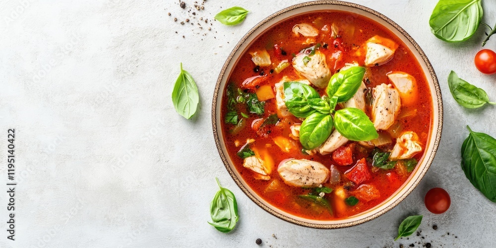 Poster warm tomato soup with chicken and vegetables in a bowl topped with fresh basil on a light concrete b