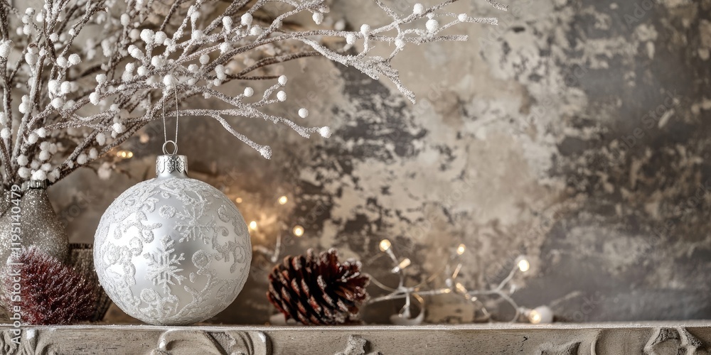 Aufkleber elegant white christmas bauble with intricate snowflake design on rustic backdrop adorned with pinec