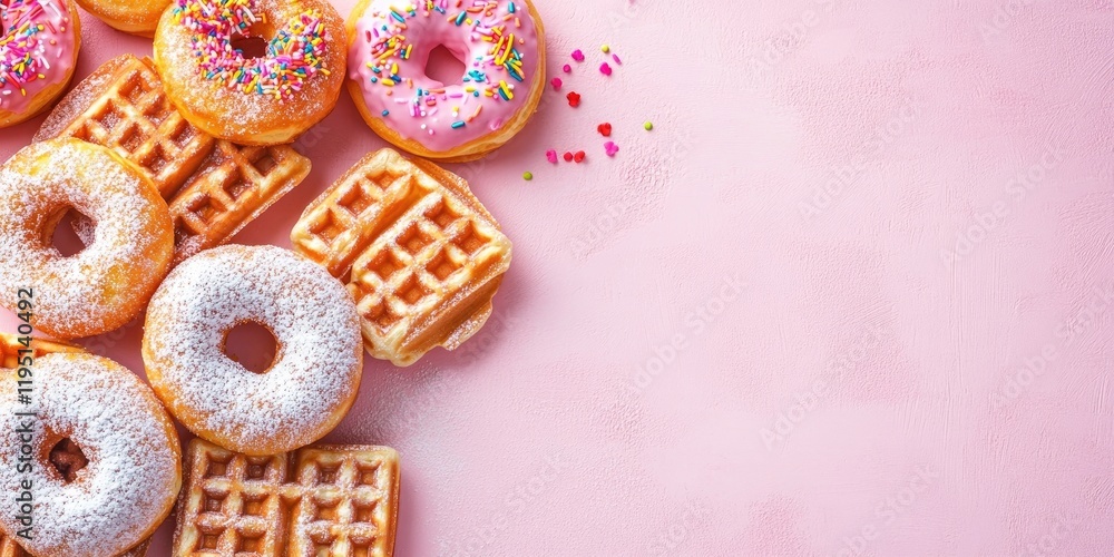 Poster delicious waffles with sprinkles and powdered sugar donuts on a soft pink table aerial view with min