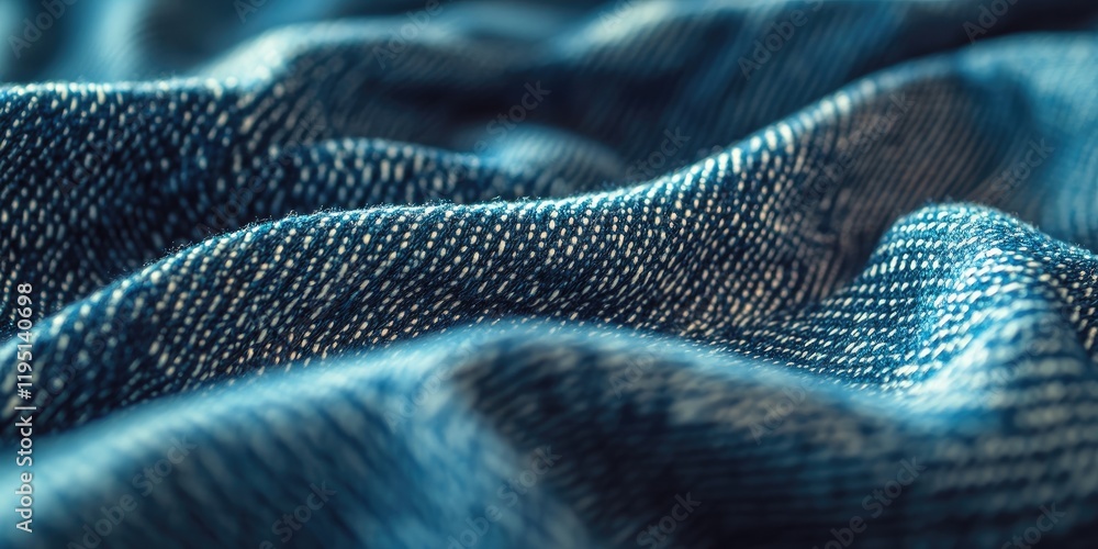 Poster denim fabric texture in deep blue hues with detailed weave patterns and soft folds creating a focuse