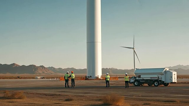 Workers Conducting Maintenance on Wind Turbine in Industrial Park