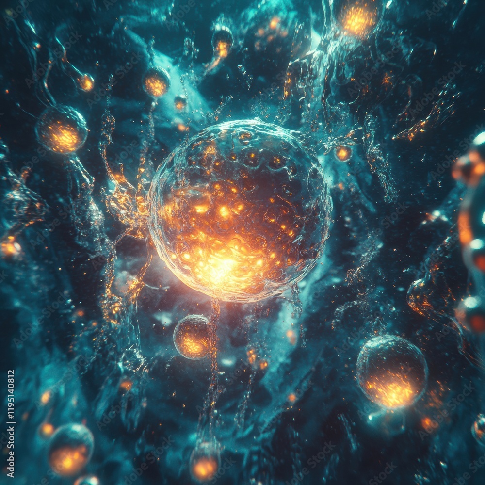 Poster glowing cell surrounded by numerous viruses in a dynamic microscopic environment. generative ai