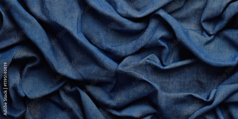 Poster blue denim fabric with textured creases and folds, dark shades creating depth, suitable as a versati