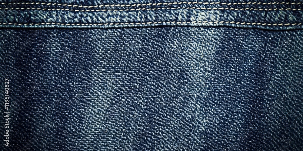 Poster denim fabric texture in dark blue with subtle ripples and contrasting light stitching creating ample