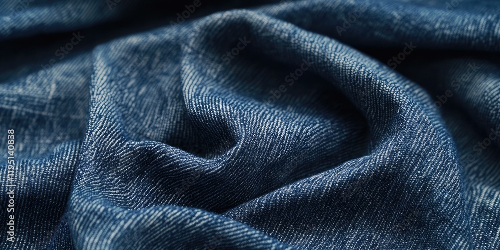 Poster textured deep blue denim fabric with intricate weave patterns folded in soft waves creating a visual