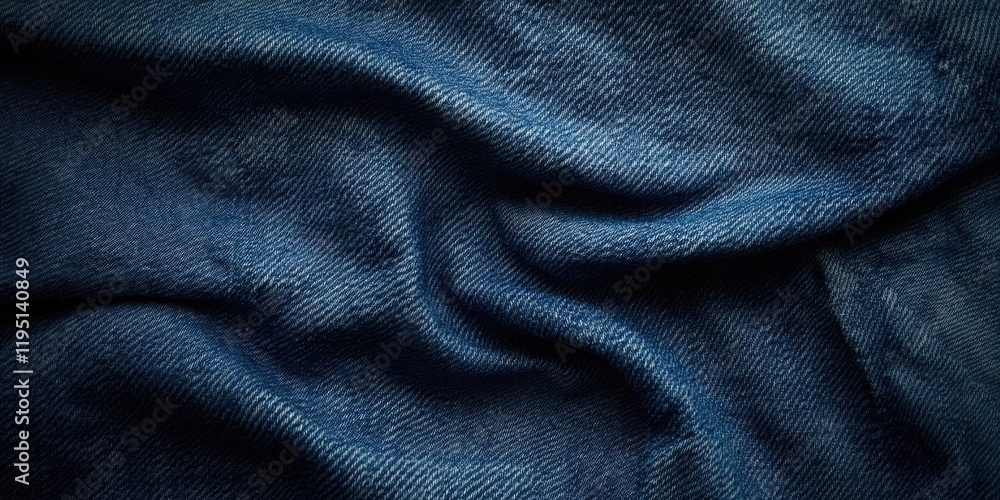 Poster dark blue denim fabric with a layered texture featuring soft folds and shadows creating depth and in
